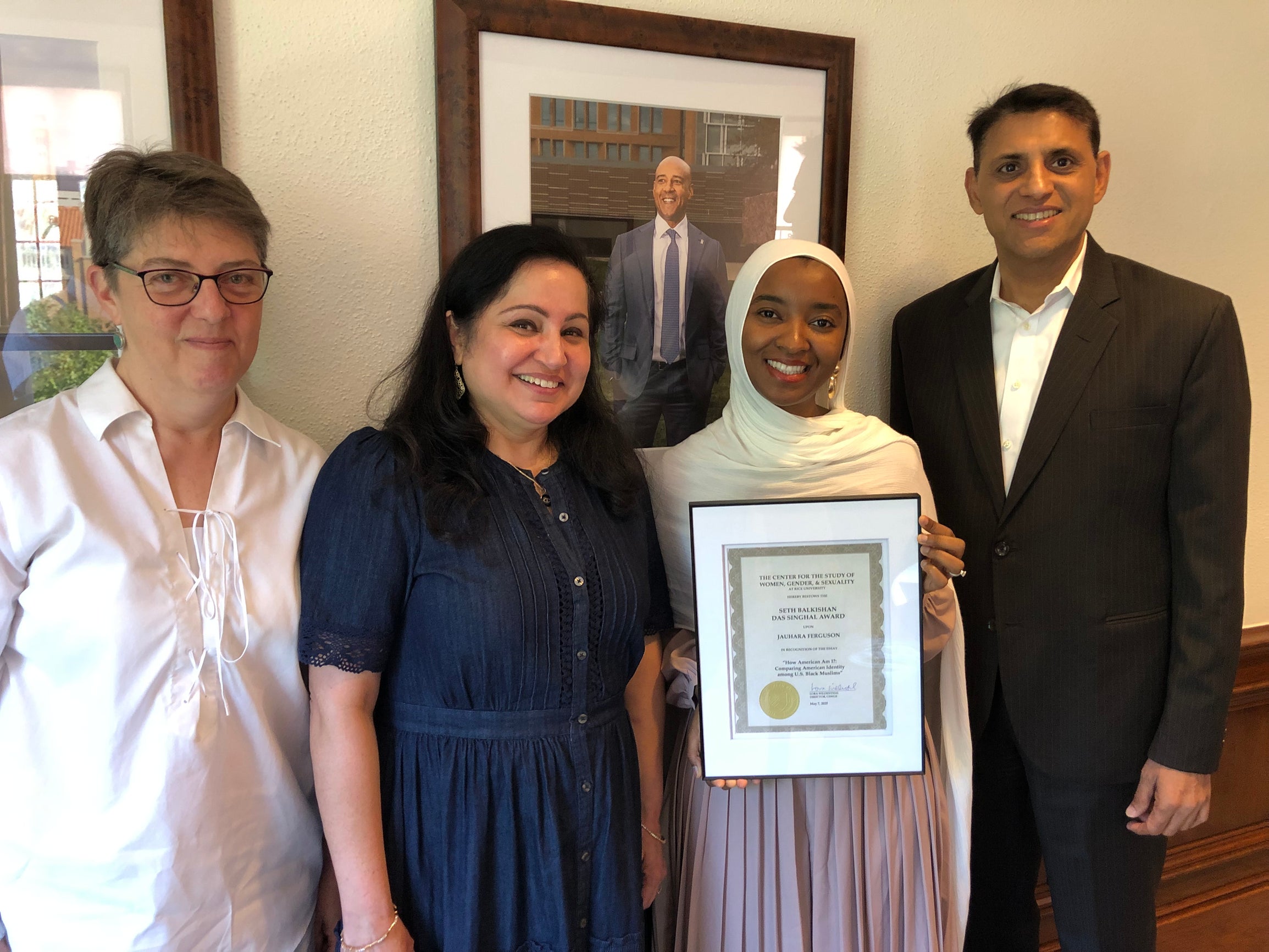 Jauhara Ferguson, pictured with Dinesh Singhal, Nita Singhal, and Prof. Lora Wildenthal